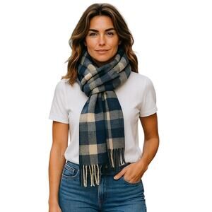 J. Crew Scarf Wrap Womens Unisex Blue Tan Plaid Check‎ Knit Tartan Preppy